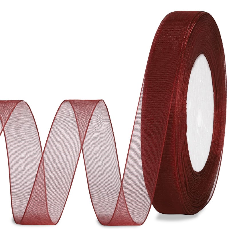 molshine 50 Yards x 5/8 Inch Shimmer Sheer Organza Ribbon,Chiffon Fabric Ribbons for Bouquets Garland,Bowknot,Wedding,Gift Wrapping,Hair,Crafts,Decoration (Wine red, 5/8") - Image 1